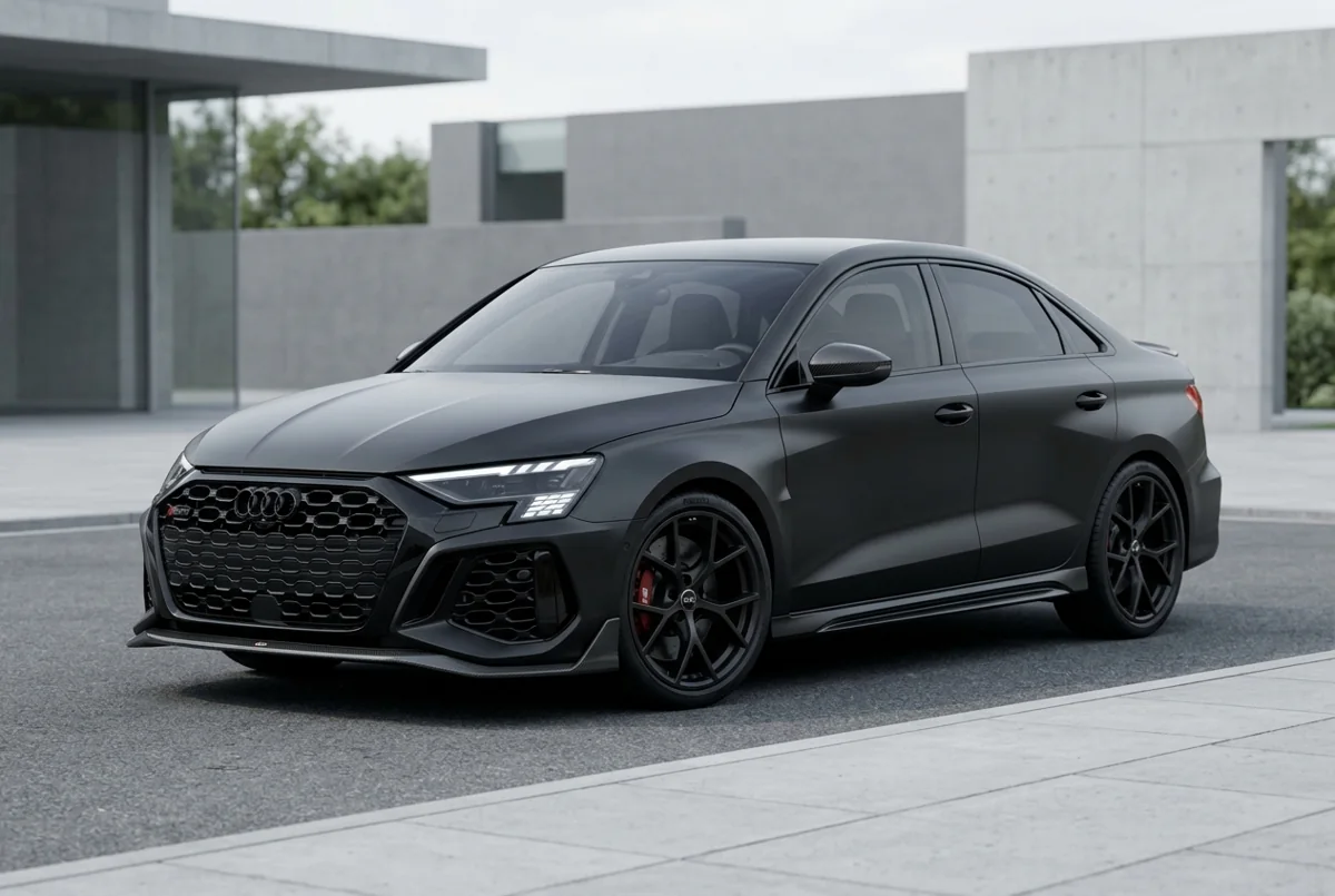 Illustration générée d’une Audi RS3 berline noir mat et détails carbone